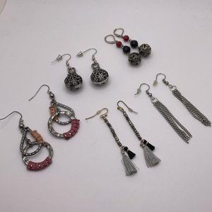 Lot Of 4 Costume Earrings Pierced Dangle Drop  / Aged Silver Tone